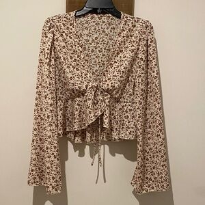 SHEIN Floral Tie-Front Blouse - Cream and Brown